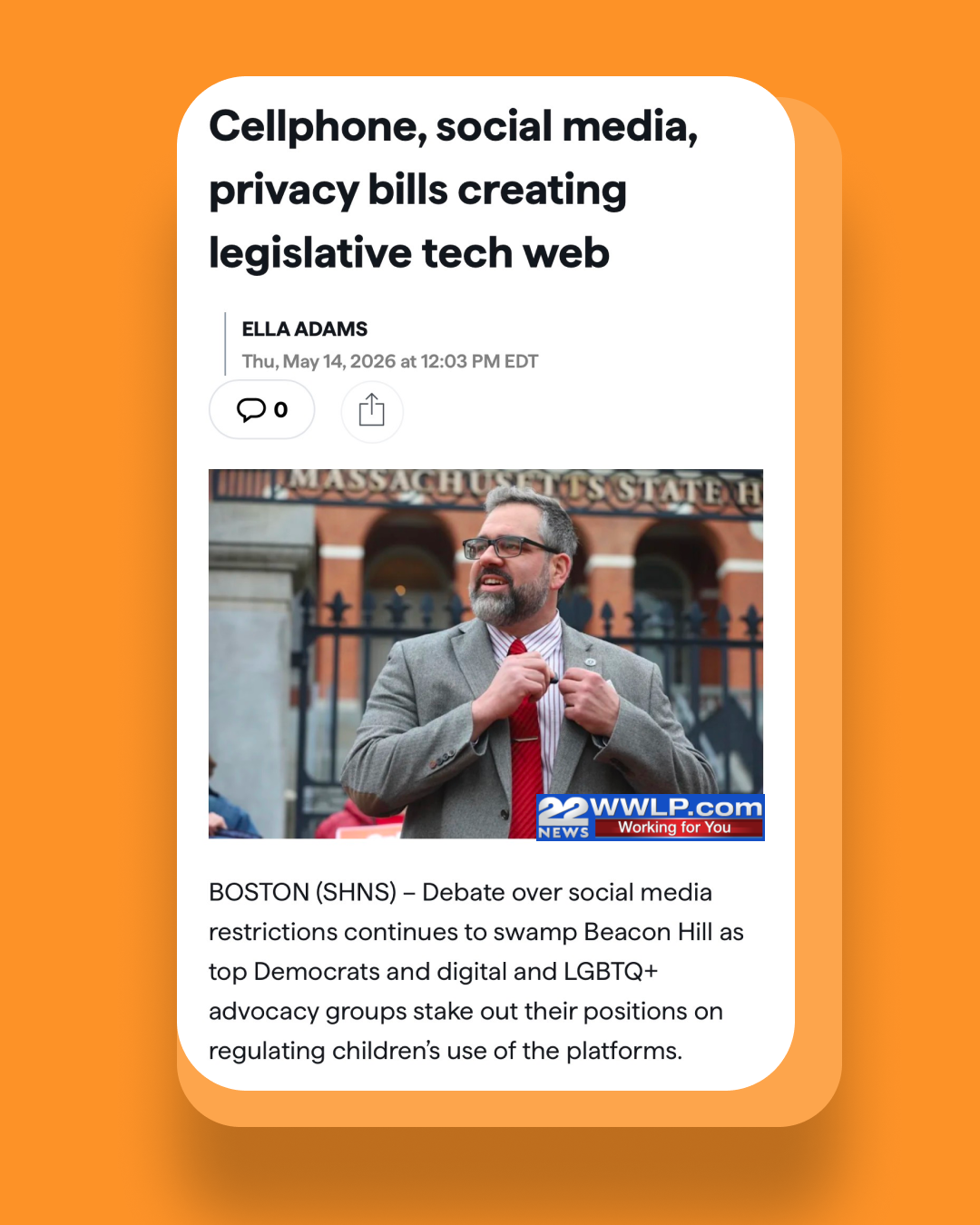 We showed up with privacy experts & human rights advocates this week opposing proposed MA social media legislation that would require users to upload sensitive documents or have faces scanned to prove age. “Experts have been very clear, there is no safe way for social media companies to verify the age of every user online. That is why these types of proposals have been struck down in courts and revised in other states across the country.” - @thatevangreer , Director of Fight for the Future