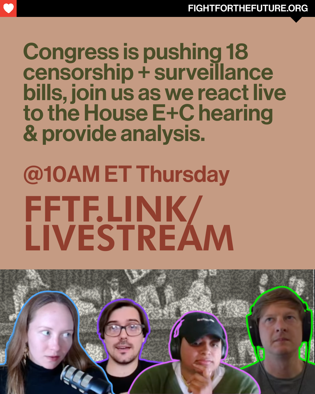 Tomorrow at 10 AM ET, a House subcommittee will consider over a dozen bills that would censor and surveil the Internet, including an online ID check mandate that would be a disaster for online anonymity and free expression, along with KOSA.   💻🎙️Our policy team will be livestreaming the committee session with commentary!   🔔Click the link in bio for this post and click “notify me” to get notified when we go live tomorrow.