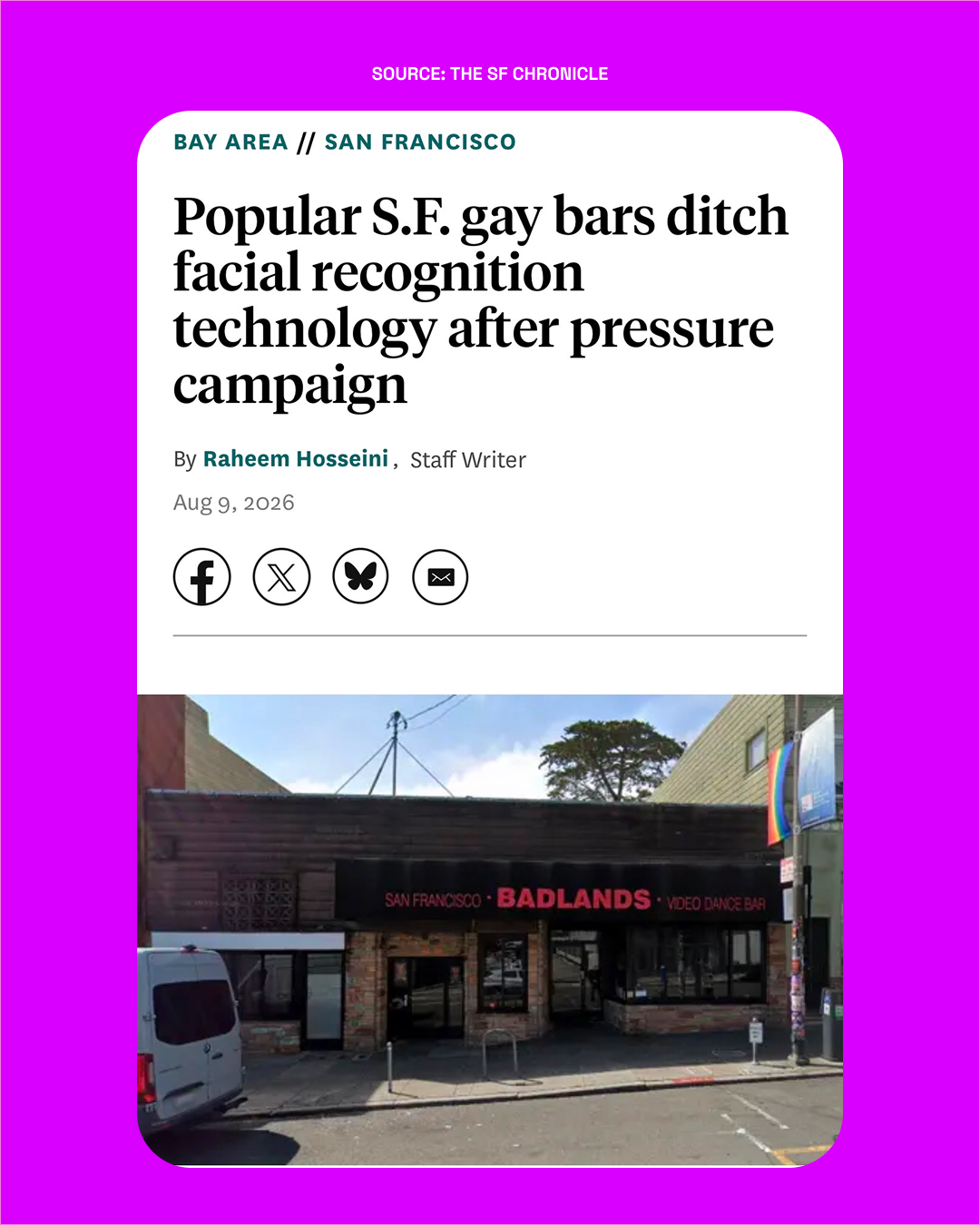 ight for the Future, the advocacy group behind a campaign that was joined by @rageagainstthemachine ‘s @thezackdelarocha + @tommorello , the Coup’s @bootsriley and dozens of other high-profile musicians, said the local venues’ decision marked a major victory and left only three San Francisco bars —Mix, Oracle Park and 1015 Folsom — still using face-scanning technology, per AI Action’s Club 1984 website” via @sfchronicle The pressure is working- let’s keep it up! Read the full story at the link in bio! 👆🏽