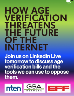 TMRW: next up on our Stop Online ID Checks week of action, a live discussion on how age verification threatens the future of the internet, with partners from @efforg @ntenorg + @gsanetwork who are fighting back against online ID checks. rsvp + more info @ fftf.link/NoIDChecks (and in our bio)