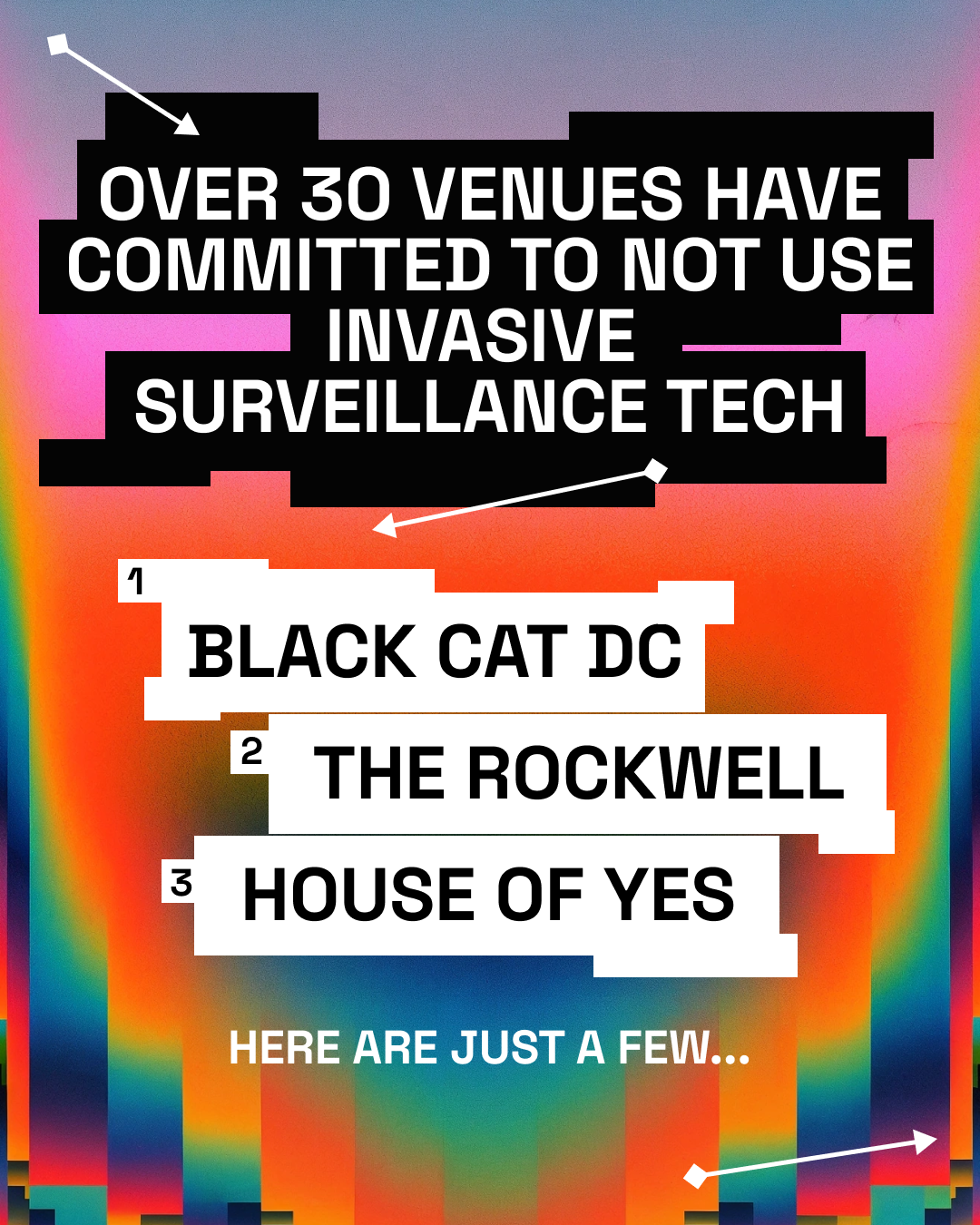 As news continues spouting out the awful, dangerous surveillance tech that the owner of iconic New York City venue Madison Square Garden has been using to identify, harass, and ban people from his venues, it's important to highlight the many venues have committed to artist and patron safety by opting out of using facial recognition tech. 🎤🎶Artists, venues, and fans: you have a choice when it comes to the technology that’s present at live events! Help us to fight it at the link in our bio. Got a favorite venue you want to see on this list? Tag them in the comments below! See your favorite venue on the list? Give them a shout out! ❤️