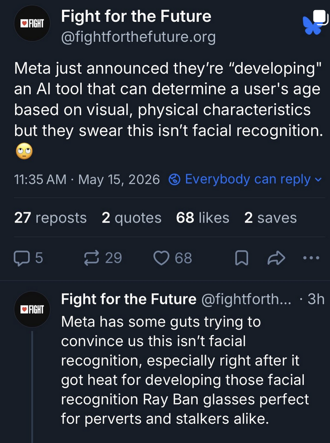 ‼️ADD YOUR NAME TO THE PETITION -link in bio 👆🏽  We’re supposed to believe that running our kids’ faces through Meta’s latest AI tool keeps them safe? Make it make sense. 🤔  That’s why we’re calling it what it is: a dangerous form of online ID checks that puts all of us at risk. Meta should not be able to freely scan our photos and videos on the platform with its AI surveillance tool 🙅🏽‍♀️  Tell Meta to keep its AI tools and online ID checks away from our faces!