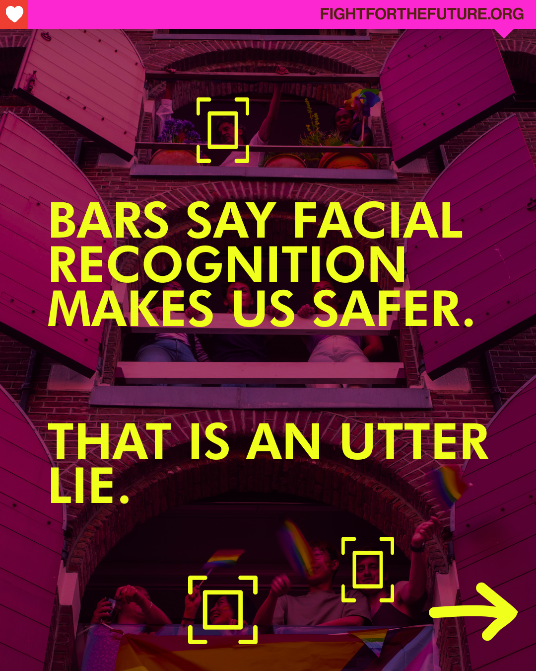 Why is facial recognition so dangerous for gay bars? 🤔 📋Venues that use facial recognition to scan and track their visitors are, fundamentally, building lists of gender and sexual minorities and their allies. 😬What’s just as scary: we have no idea how many LGBTQ+ spaces are using this tech, how long the data is stored, and who has access to it. 🙅🏽♀️The spread of surveillance tech through LGBTQ+ venues is a crisis for our community. LGBTQ+ venues that use biometric surveillance technology, including facial recognition, must remove it, scrap the data, and apologize to their patrons. All others should commit to keeping their community safe by rejecting surveillance technology—now and forever. Sign the petition FFTF.LINK/GAYBARSFRT (link in bio 👆🏽) #lgtb #lgtbq🏳️🌈 #trans #queer #pride🌈