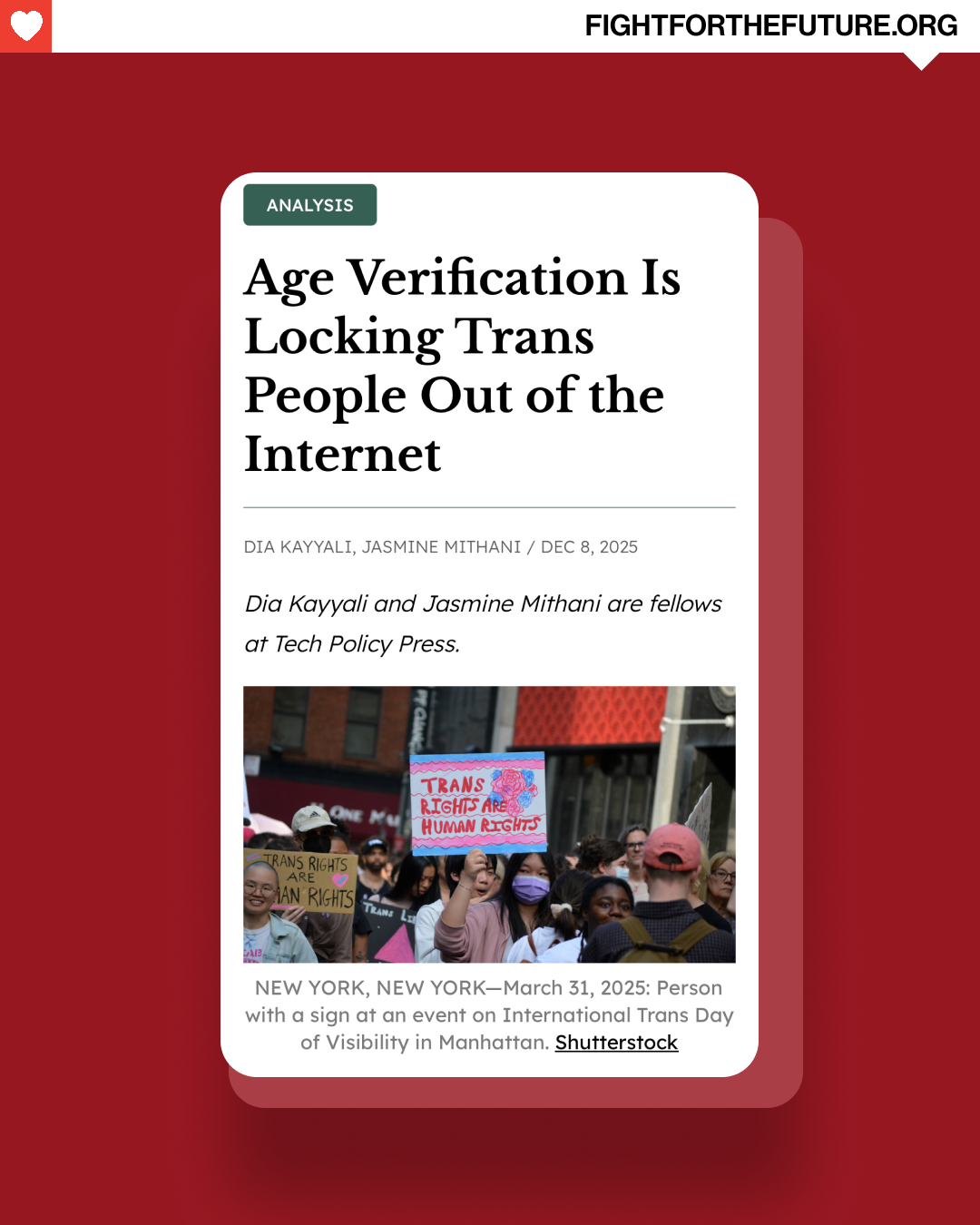 LGBTQ+ people’s rights are being stripped globally in areas where online ID checks are being implemented. This is not fear-mongering- the name of the game is control. The goal is to censor us off the internet + trans people are the canaries in the coal mine.