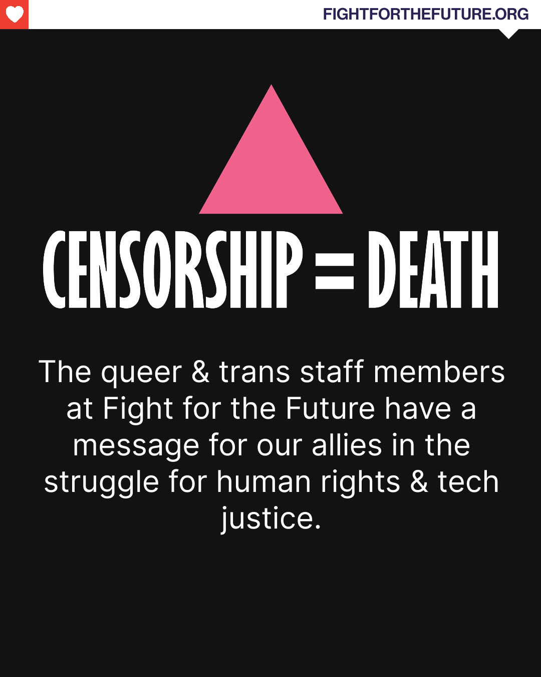 CALLING LGTBQ ALLIES: The time is NOW to eject these right-wing, homophobic and transphobic groups from our movements! Fight for the Future is a Queer and Trans led organization and we've penned a letter to our coalitions who've listed groups like NCOSE, Public Policy Center (EPPC) who have been lobbying for Internet bills like the Kids Online Safety Act. (KOSA) the App Store Accountability Act, and various age-gating laws, cloaking their bigotry in the language of concern for 'children’s digital safety' when their aim to erase the LGTBQ+ community from public life and cut off vital lifelines we have online. This is URGENT! Click the link in our bio for the full letter with a full list of our asks. You can also find it at FFTF.LINK/PRIDELETTER2026